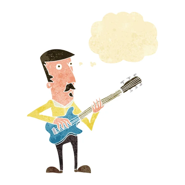 Cartoon man playing electric guitar with thought bubble — Stock Vector