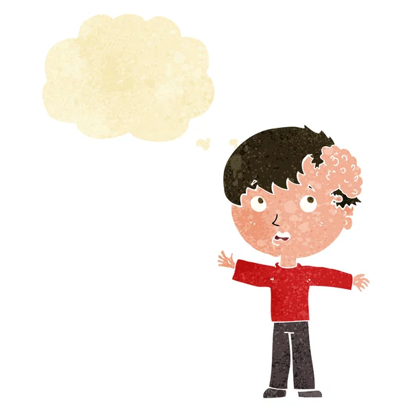 Tecknad pojke med tillväxt på huvudet med tanke bubbla — Stock vektor