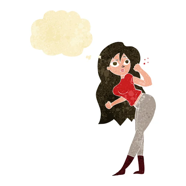 Mujer de dibujos animados levantando puño con burbuja de pensamiento — Archivo Imágenes Vectoriales
