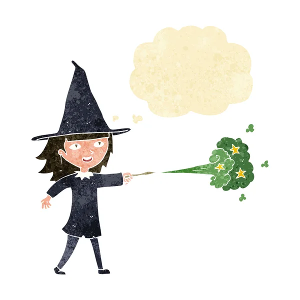 Cartoon witch girl casting spell with thought bubble — Stock Vector