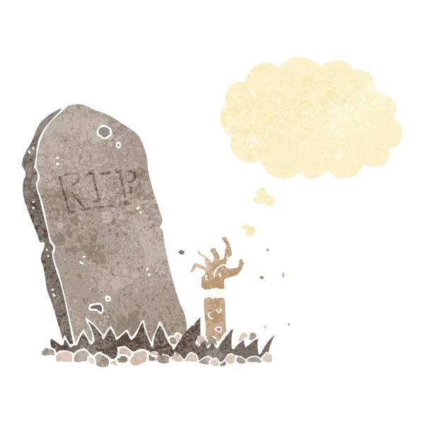 Zombie de dibujos animados levantándose de la tumba con burbuja de pensamiento — Vector de stock