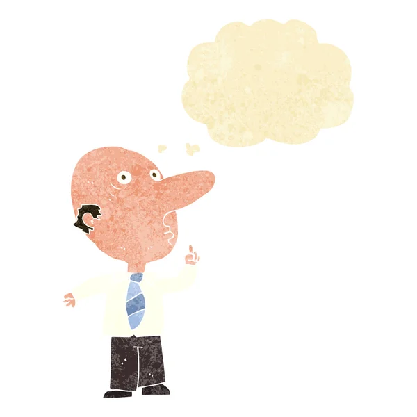 Hombre calvo de dibujos animados haciendo una pregunta con burbuja de pensamiento — Vector de stock