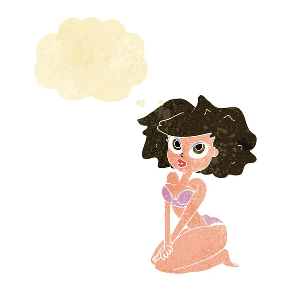 Donna dei cartoni animati indossa bikini con bolla di pensiero — Vettoriale Stock