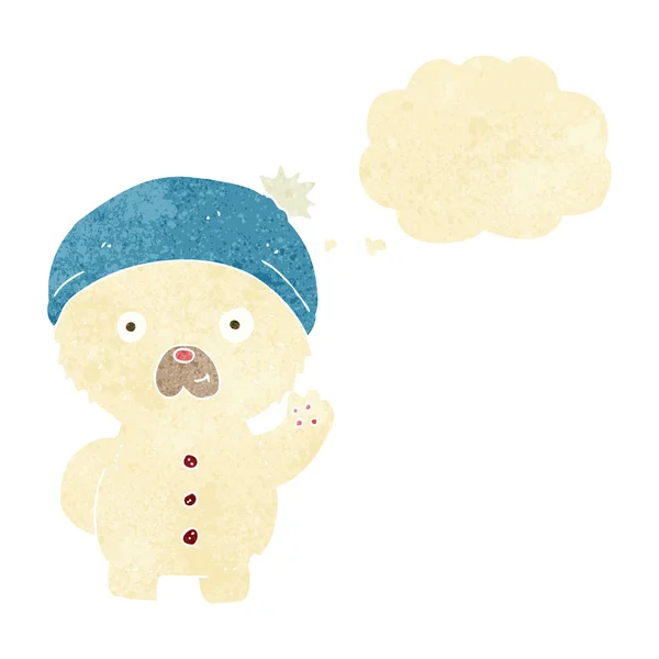 Dibujos animados ondeando oso de peluche polar en sombrero de invierno con bubbl pensamiento — Vector de stock