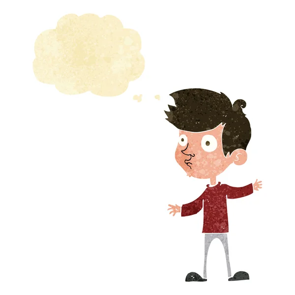 Cartoon nieuwsgierig jongen met gedachte zeepbel — Stockvector