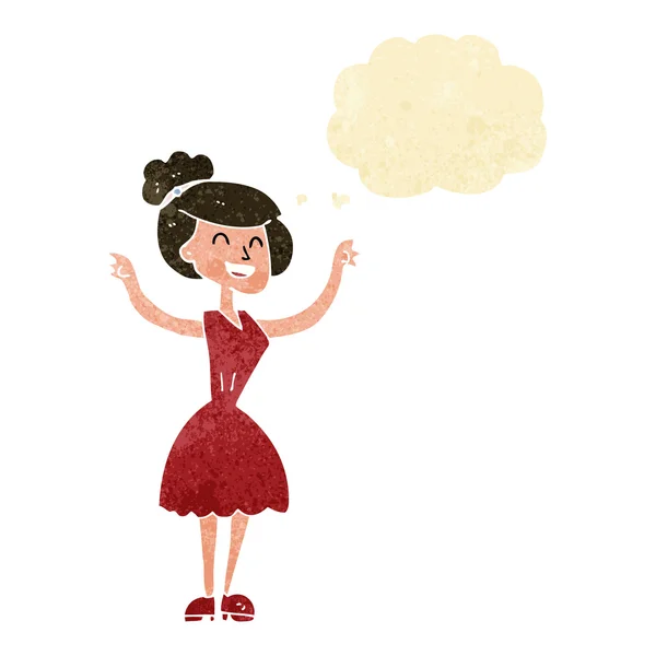 Femme dessin animé avec les bras levés avec bulle de pensée — Image vectorielle