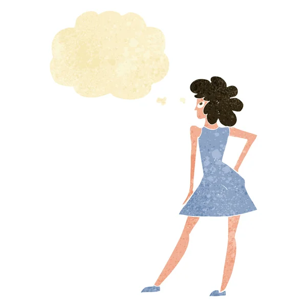 Mulher dos desenhos animados posando no vestido com bolha pensamento — Vetor de Stock