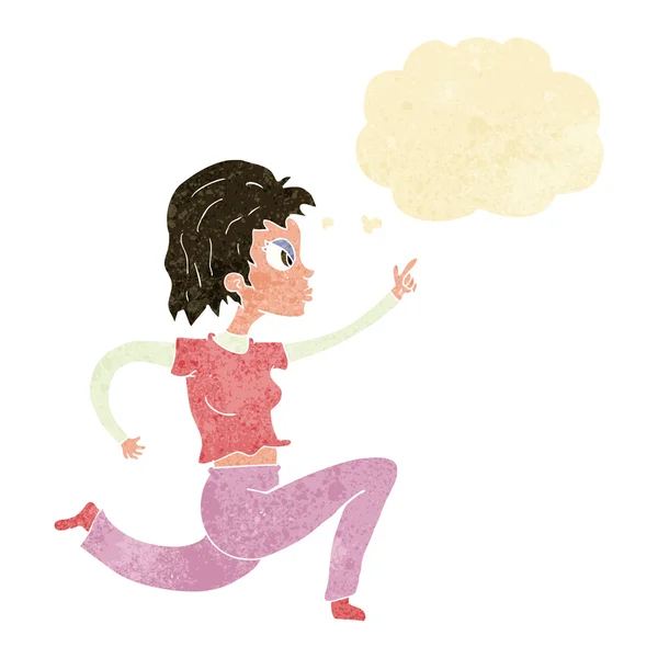 Cartoon woman running and pointing with thought bubble — Stock Vector