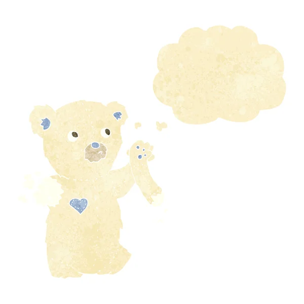 Cartoon teddy polar bear with torn arm with thought bubble — Stock Vector