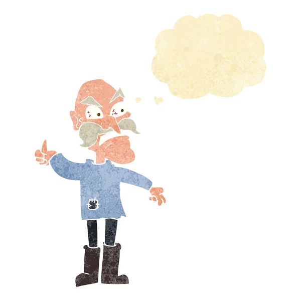 Hombre viejo enojado de dibujos animados en ropa parcheada con burbuja de pensamiento — Archivo Imágenes Vectoriales