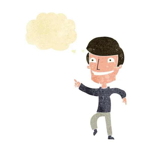Dessin animé homme heureux pointant avec bulle de pensée — Image vectorielle