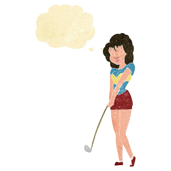 Cartoon woman playing golf with thought bubble — Stock Vector