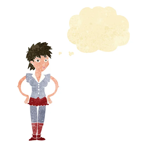 Cartoon woman with hands on hips with thought bubble — Stock Vector