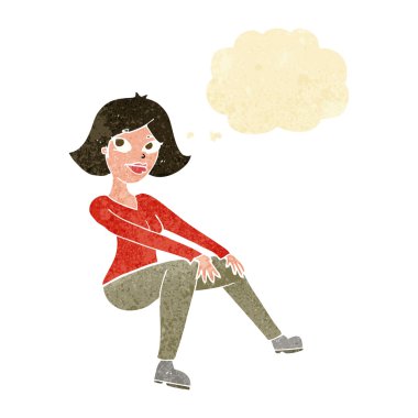 Düşünce baloncuğuyla oturan mutlu kadın çizgi filmi