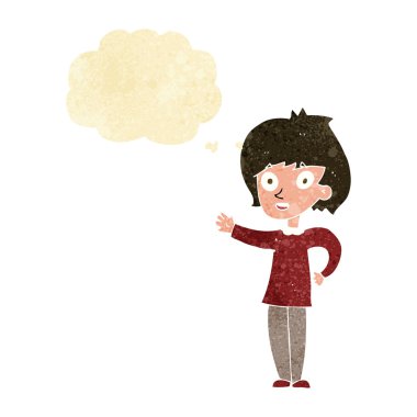 Düşünce baloncuğu olan mutlu çizgi film kadını