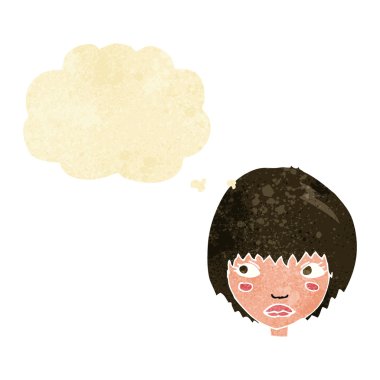 Düşünce baloncuğu olan mutsuz bir kız.