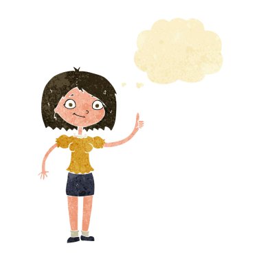 Düşünce baloncuğu olan çizgi film kadını.