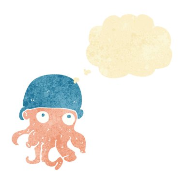 Düşünce baloncuklu şapka takan uzaylı kafası.