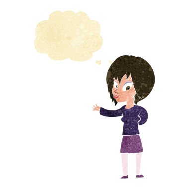 Çizgi filmdeki kadın düşünce balonuyla hoş geldin jesti yapıyor.