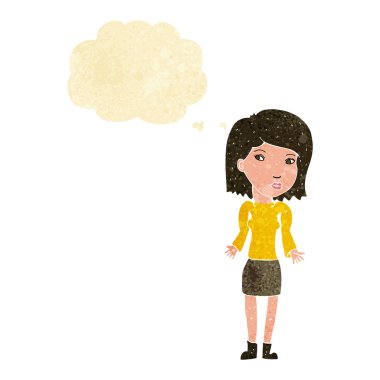 Çizgi filmdeki kadın düşünce balonuyla omuz silkiyor.