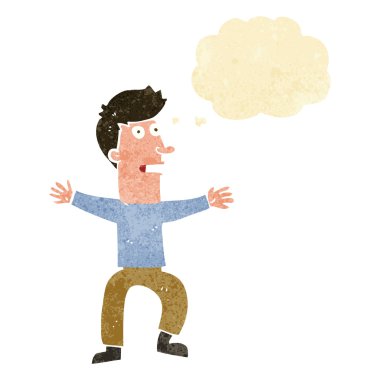 Düşünce baloncuğu olan ürkmüş bir adam.