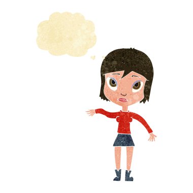 Düşünce baloncuğuyla el sallayan çizgi film kadını.