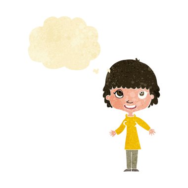 Düşünce baloncuğu olan mutlu çizgi film kadını