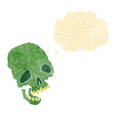 Düşünce baloncuklu antik ürkütücü kafatası çizgi filmi