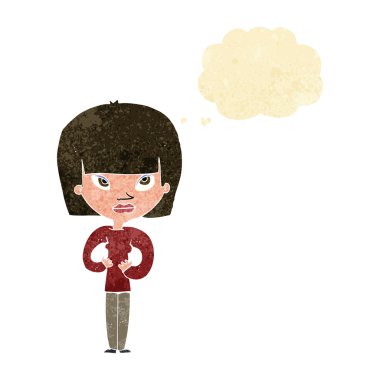 Düşünce baloncuğuyla kendine el kol hareketi yapan çizgi film kadını.