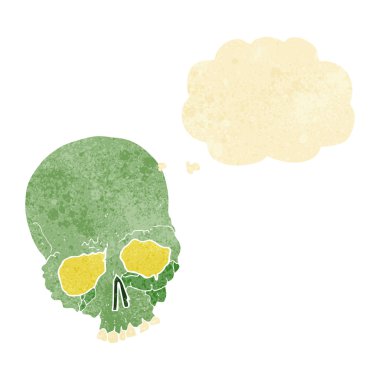 Düşünce baloncuğu olan ürkütücü bir kafatası.