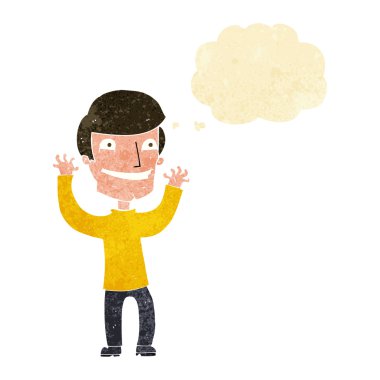 Düşünce baloncuğu olan heyecanlı bir adam.