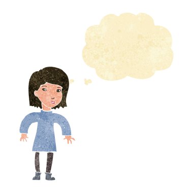 Düşünce baloncuğu olan dikkatli kadın.