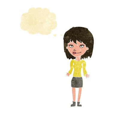 Çizgi filmdeki kadın düşünce balonuyla omuz silkiyor.