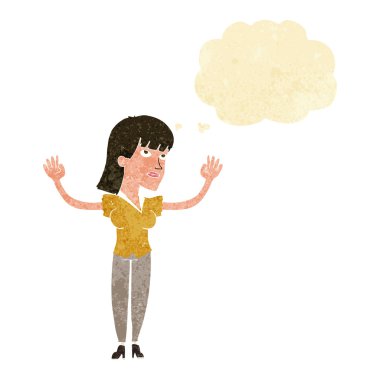 Çizgi filmdeki kadın düşünce baloncuğuyla ellerini havaya kaldırıyor.