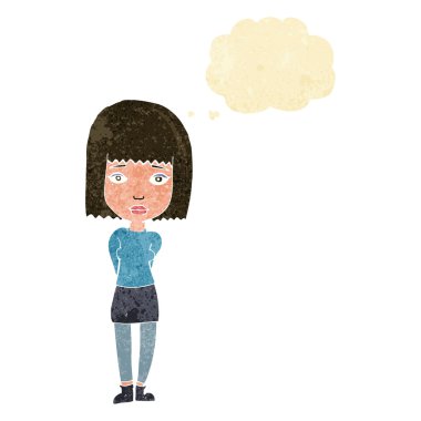 Düşünce baloncuğu olan ciddi bir kız.