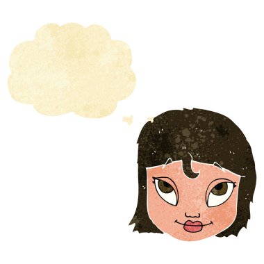 Düşünce baloncuğuyla gülümseyen çizgi film kadını.