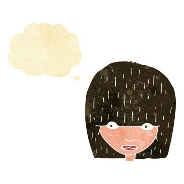 Düşünce baloncuğu olan çizgi film kadını.