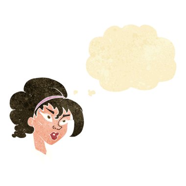 Düşünce baloncuğu olan güzel bir kadın.