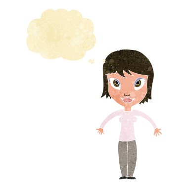 Çizgi filmdeki kadın düşünce balonuyla omuz silkiyor.