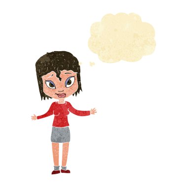 Çizgi filmdeki kadın düşünce balonuyla omuz silkiyor.