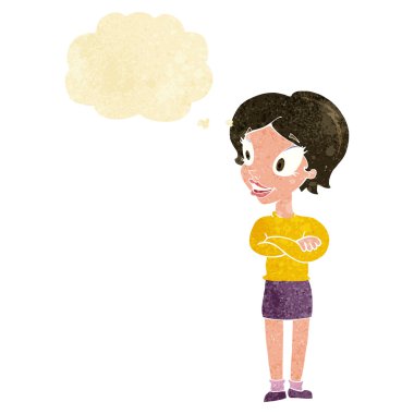 Düşünce baloncuğu olan güzel bir kadın.