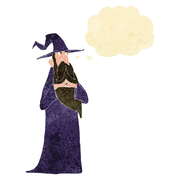 Desenho animado velho feiticeiro com bolha de pensamento —  Vetores de Stock