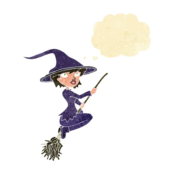 Cartoon witch riding broomstick with thought bubble — Stock Vector