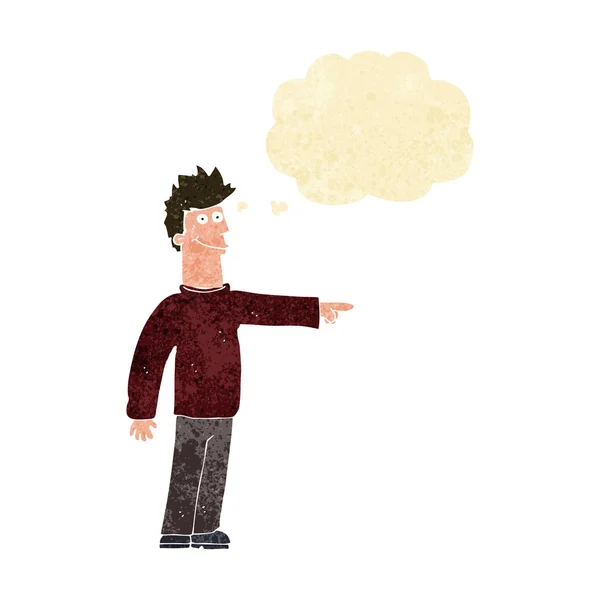 Dibujos animados hombre apuntando feliz con burbuja de pensamiento — Archivo Imágenes Vectoriales