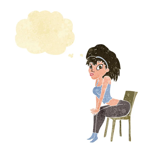 Karikatur Frau posiert auf Stuhl mit Gedankenblase — Stockvektor