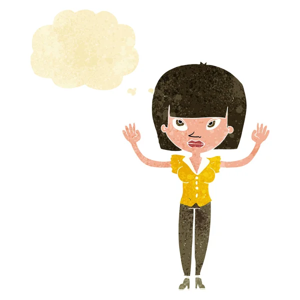 Mujer de dibujos animados con las manos levantadas con burbuja de pensamiento — Archivo Imágenes Vectoriales