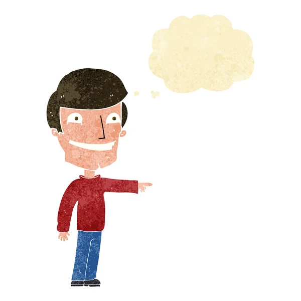 Dibujos animados hombre feliz señalando con burbuja de pensamiento — Vector de stock