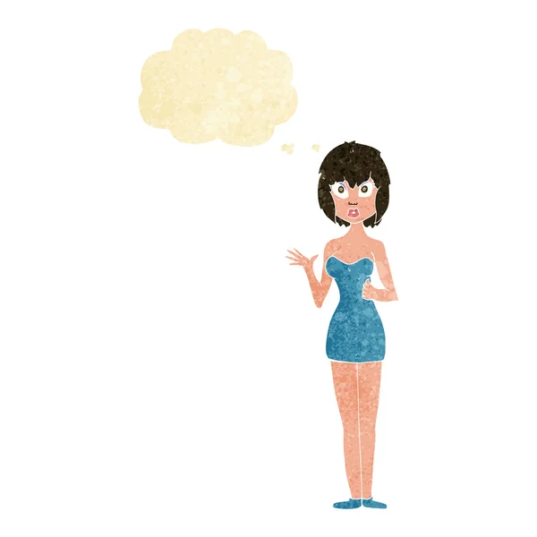 Γελοιογραφία συγκεχυμένης γυναίκας σε φόρεμα κοκτέιλ με σκέψη φούσκα — Διανυσματικό Αρχείο