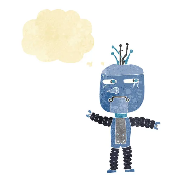 Robot de dibujos animados ondeando con burbuja de pensamiento — Vector de stock