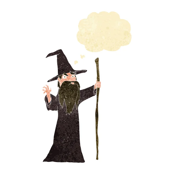 Мультяшний старий чарівник з мисленням бульбашки — стоковий вектор